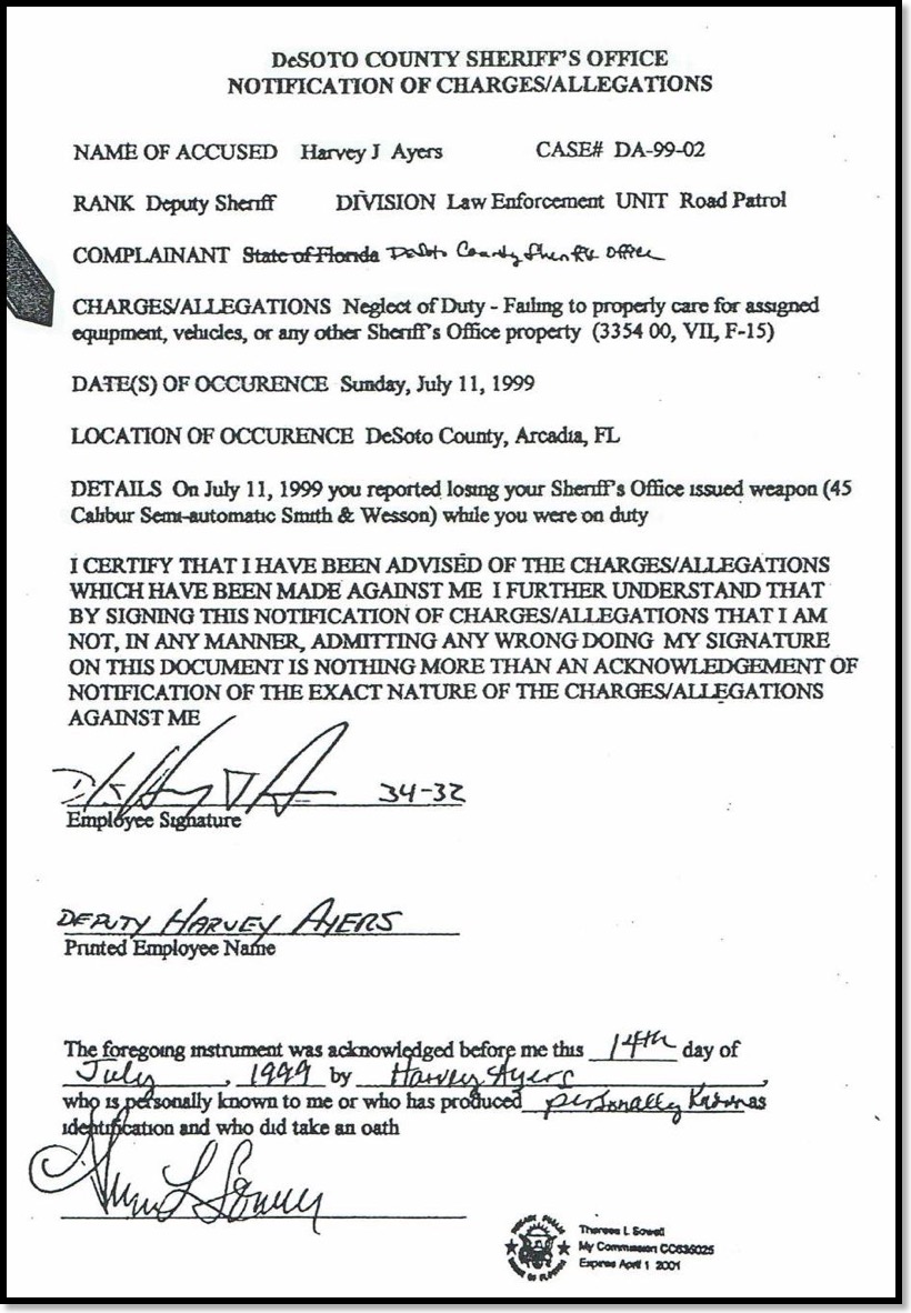 Harvey Ayers Reprimanded for losing his police 45 caliber firearm 2